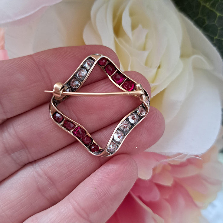 Late Victorian Antique Burma Ruby and Old Cut Diamond Ribbon Brooch in 15ct Gold
