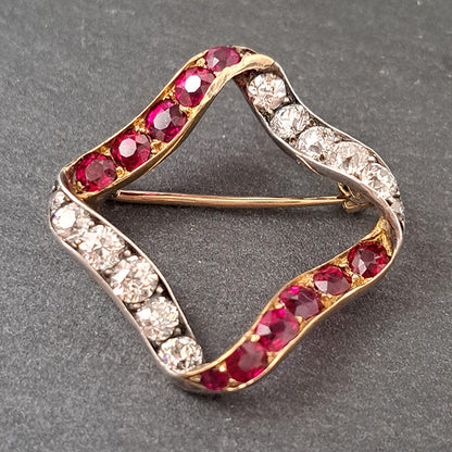 Late Victorian Antique Burma Ruby and Old Cut Diamond Ribbon Brooch in 15ct Gold