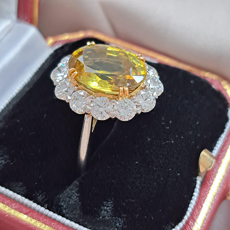 Fine 7.78ct Sphene and 2.56ct Diamond Cluster Ring in Platinum rare gemstone