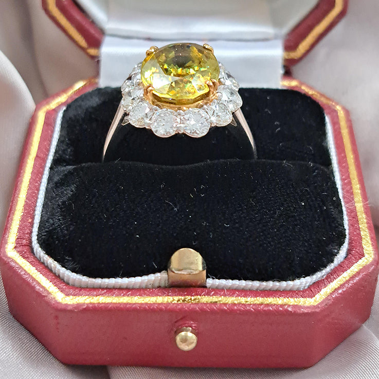 Fine 7.78ct Sphene and 2.56ct Diamond Cluster Ring in Platinum rare gemstone