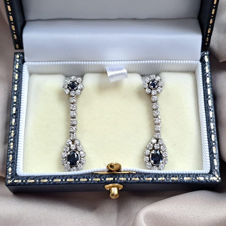 Sapphire and 1ct Diamond Double Cluster Drop Earrings in 18ct White Gold