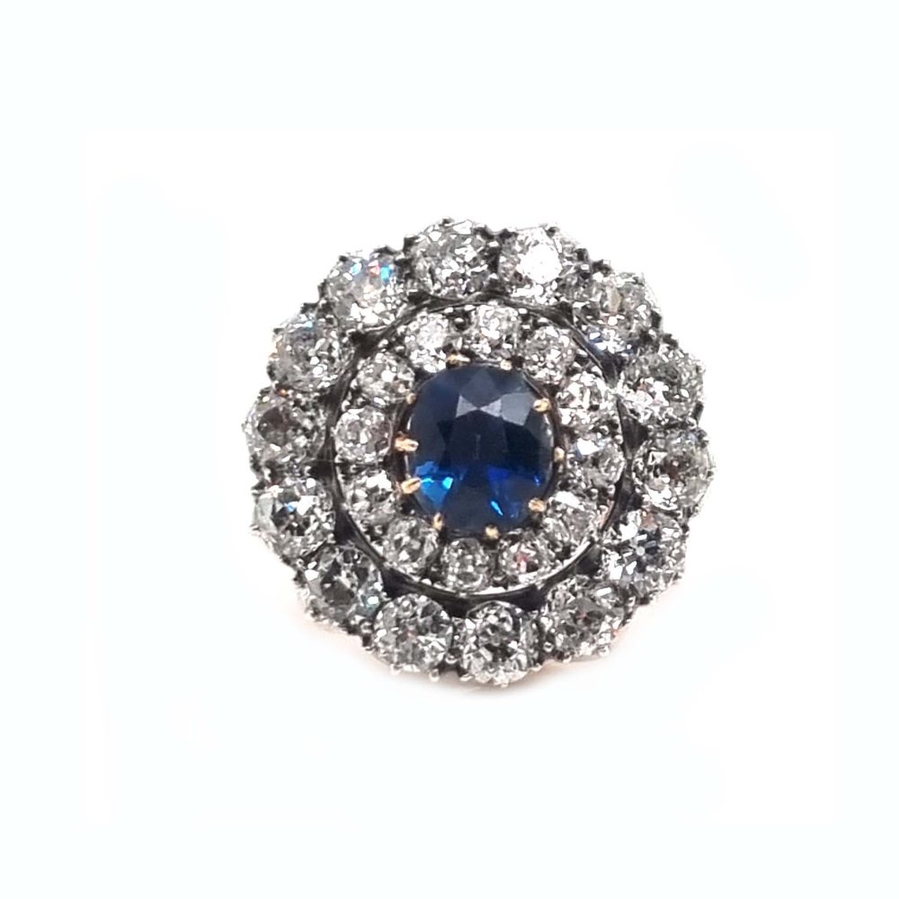 Antique victorian round Sapphire and diamond cluster ring, two tier halo blue. old cuts diamonds silver and gold