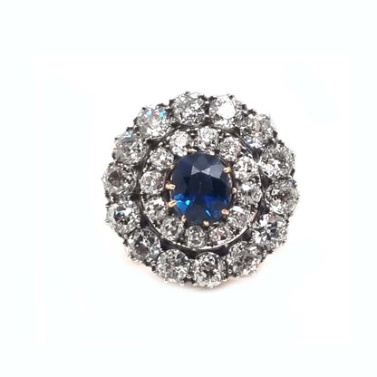 Antique victorian round Sapphire and diamond cluster ring, two tier halo blue. old cuts diamonds silver and gold