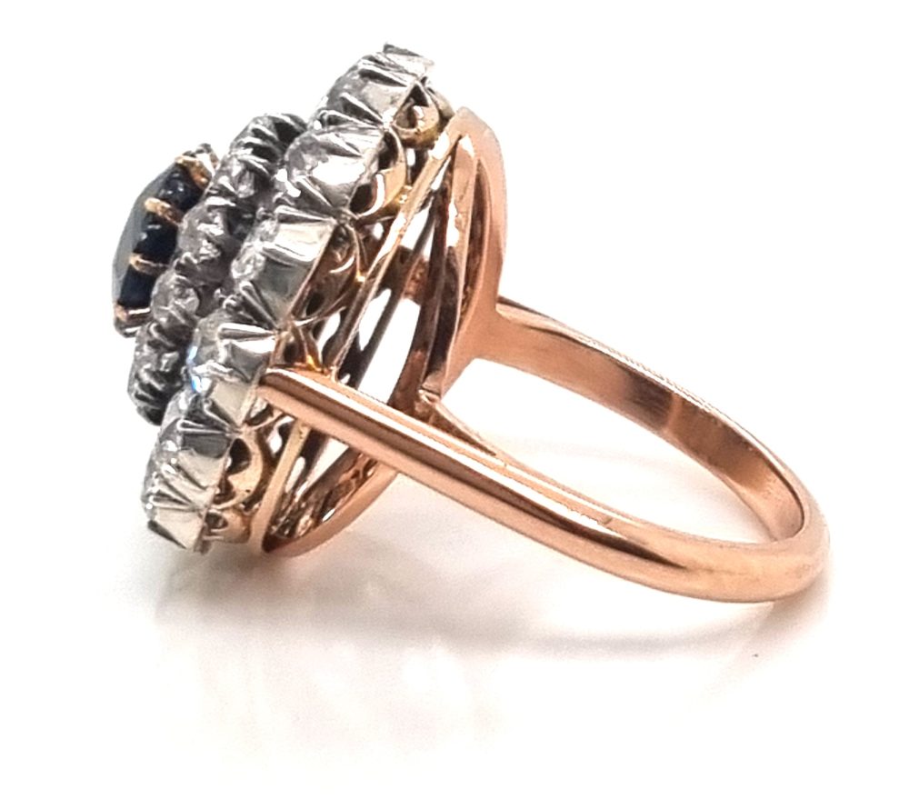Vintage large sapphire and old cut diamond cluster ring