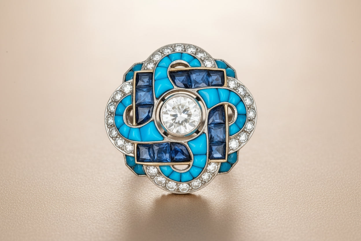 Vintage 1960's Diamond Turquoise Sapphire Cluster Cocktail Dress Ring