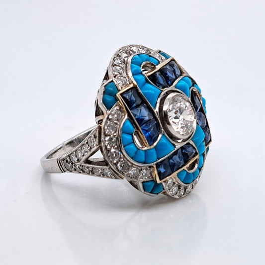 Antique Art Deco 0.80ct Diamond Turquoise Sapphire Cluster Cocktail Ring in Platinum