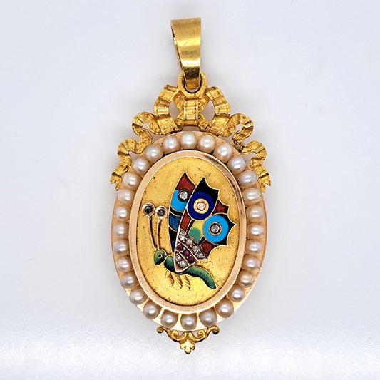 Late Victorian Antique French Multi Colour Enamel Butterfly 18ct Yellow Gold Locket Pendant with Pearls