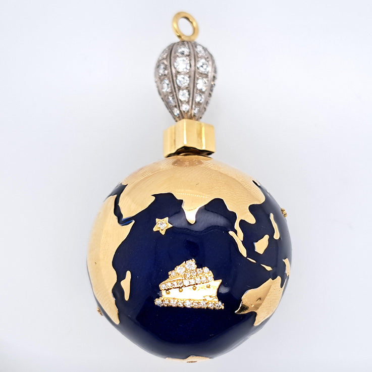Unique Blue Enamel and 14ct Yellow Gold World Globe Perfume Scent Holder with Diamonds