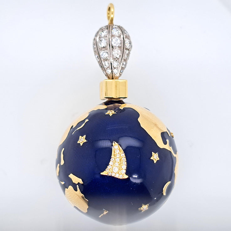 Unique Blue Enamel and 14ct Yellow Gold World Globe Perfume Scent Holder with Diamonds