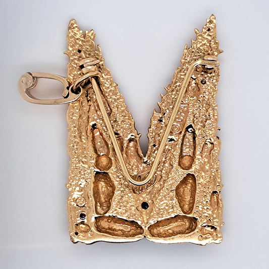 14ct Yellow Gold and Black Enamel Ancient Tribe Figures M Pendant come Brooch with Gold Flame Fire