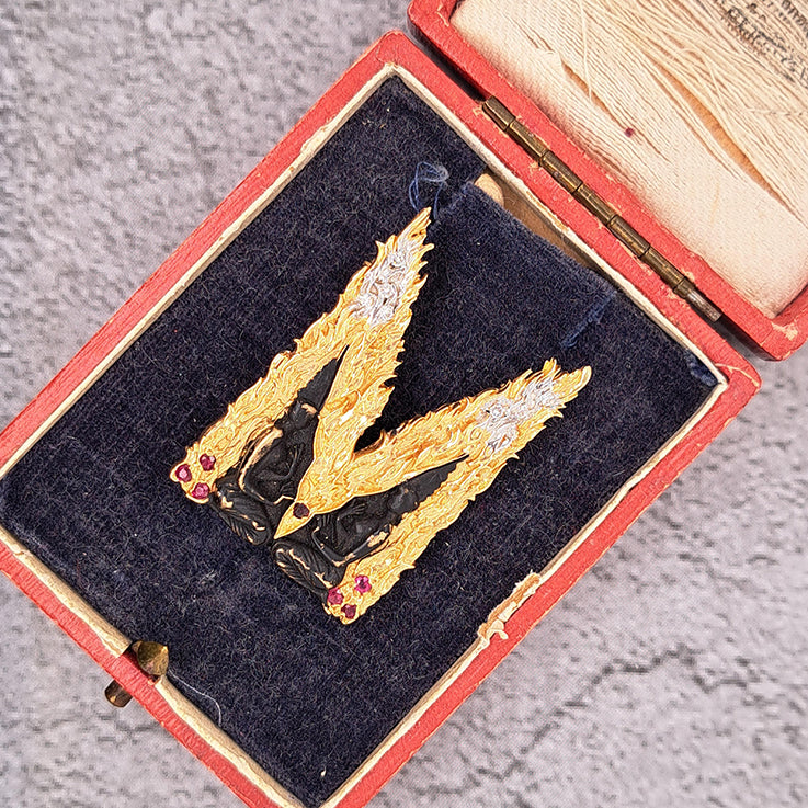 Vintage 14ct Yellow Gold and Black Enamel Ancient Tribe Figures M Pendant come Brooch with Gold Flame Fire