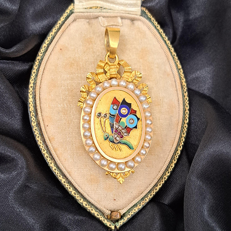 Late Victorian Antique French Multi Colour Enamel Butterfly 18ct Yellow Gold Locket Pendant with Pearls