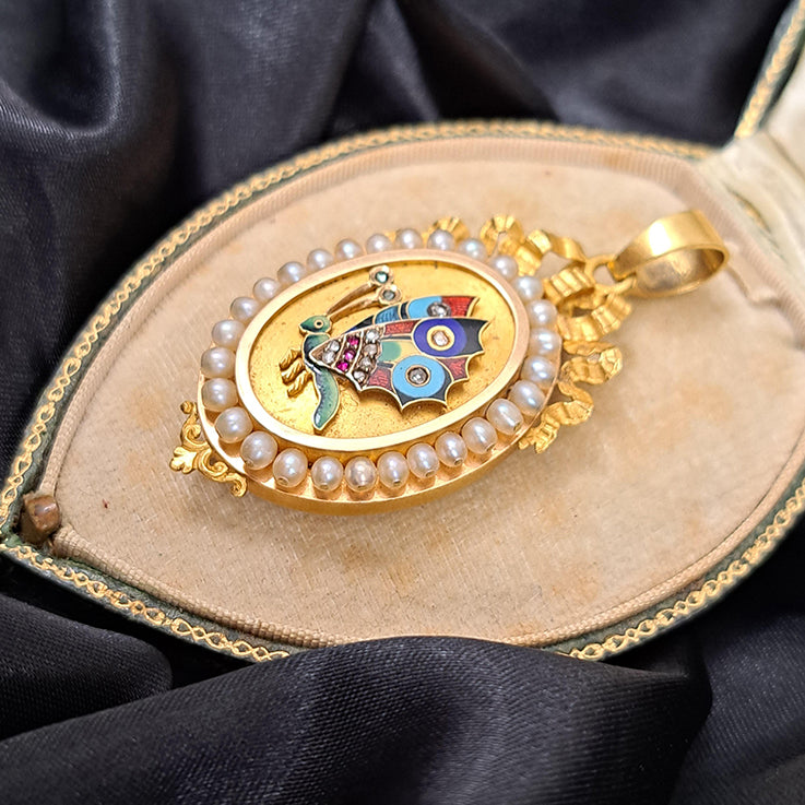 Antique French Multi Colour Enamel Butterfly 18ct Yellow Gold Locket Pendant with Pearls
