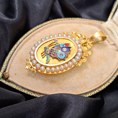 Antique French Multi Colour Enamel Butterfly 18ct Yellow Gold Locket Pendant with Pearls