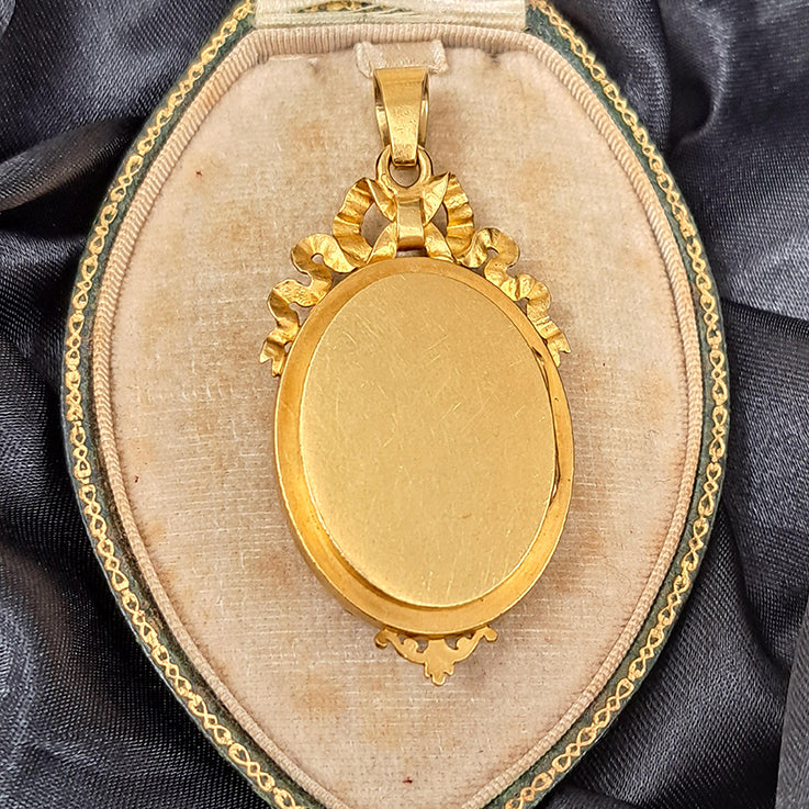 Antique French Multi Colour Enamel Butterfly 18ct Yellow Gold Locket Pendant with Pearl Cluster and Gold Scrollwork