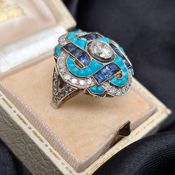Antique Art Deco 0.80ct Old European Cut Diamond Turquoise Sapphire Cluster Cocktail Ring in Platinum