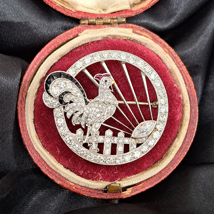 Antique Diamond Cockerel Circular Openwork Brooch in Platinum, 2.26 carat total, marquise eight cut single cut diamonds