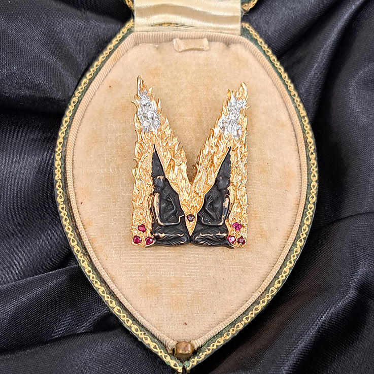 Vintage 14ct Yellow Gold and Black Enamel Ancient Tribe Figures M Pendant come Brooch with Gold Flame Fire