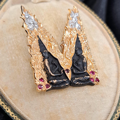 Vintage 14ct Yellow Gold and Black Enamel Ancient Tribe Figures M Pendant come Brooch with Gold Flame Fire