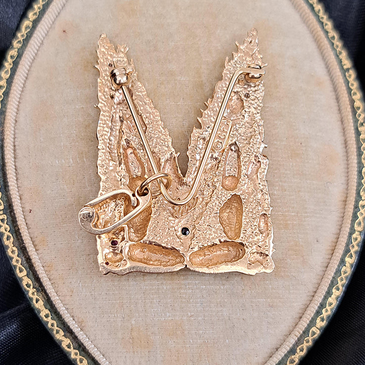 Vintage 14ct Yellow Gold and Black Enamel Ancient Tribe Figures M Pendant come Brooch with Gold Flame Fire