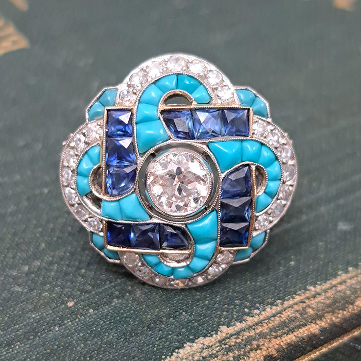 Antique Art Deco 0.80ct Old Transitional Cut Diamond Turquoise Sapphire Cluster Cocktail Ring in Platinum