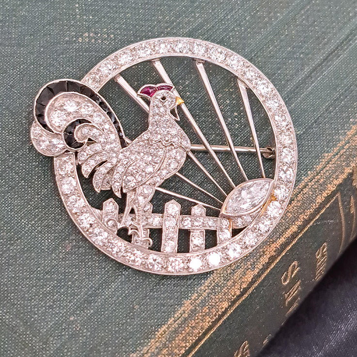 Antique 2.26ct Marquise Cut Eight Cut Single Cut Diamond Cockerel Circular Openwork Brooch in Platinum, 2.26 carats