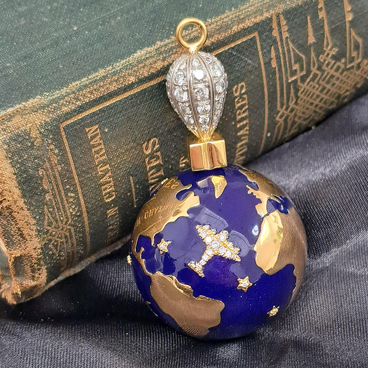 Unique Blue Enamel and 14ct Yellow Gold World Globe Perfume Scent Holder with Diamonds
