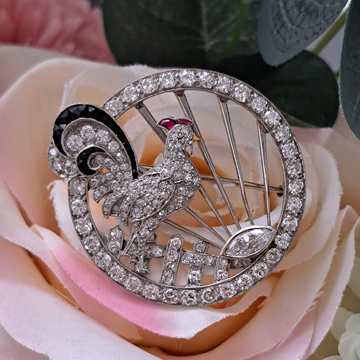 Antique 2.26ct Marquise Cut Eight Cut Single Cut Diamond Cockerel Circular Openwork Brooch in Platinum, 2.26 carats