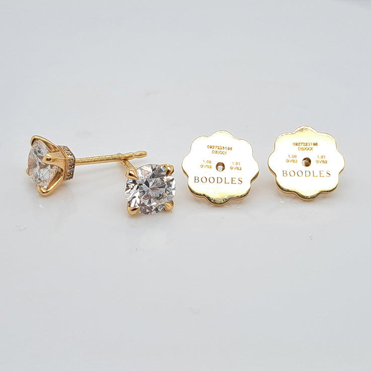 Boodles 2ct Diamond Solitaire Stud Earrings in 18ct Yellow Gold with GIA Certificates