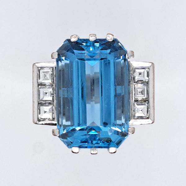 Vintage 1940s Retro 11ct Trap Cut Aquamarine and Princess Cut Diamond Cocktail Ring in 18ct White Gold
