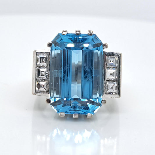 Vintage 1940s Retro 11ct Trap Cut Aquamarine and Princess Cut Diamond Cocktail Ring in 18ct White Gold