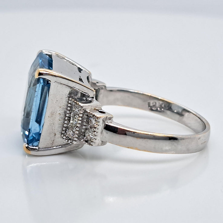 Vintage 8ct Square Cut Aquamarine and Diamond Dress Ring in 18ct White Gold