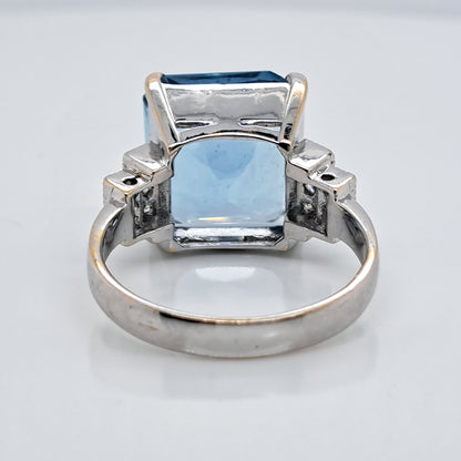 Vintage 8ct Square Cut Aquamarine and Diamond Dress Ring in 18ct White Gold