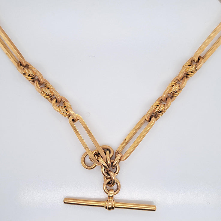 Antique 9ct Yellow Gold Fancy Trombone Link Albert Chain Necklace