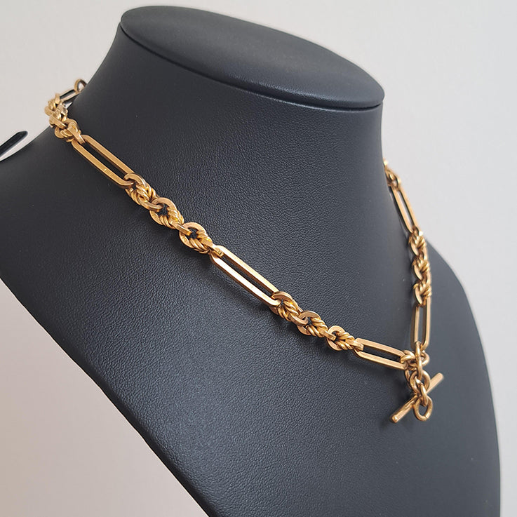 Antique 9ct Yellow Gold Fancy Trombone Link Albert Chain Necklace