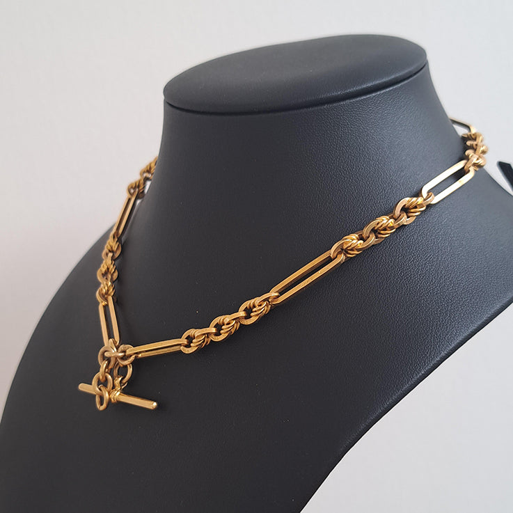 Antique 9ct Yellow Gold Fancy Trombone Link Albert Chain Necklace