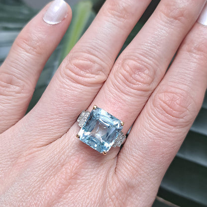 Vintage 8ct Square Octagonal Cut Aquamarine and Diamond Dress Ring in 18ct White Gold