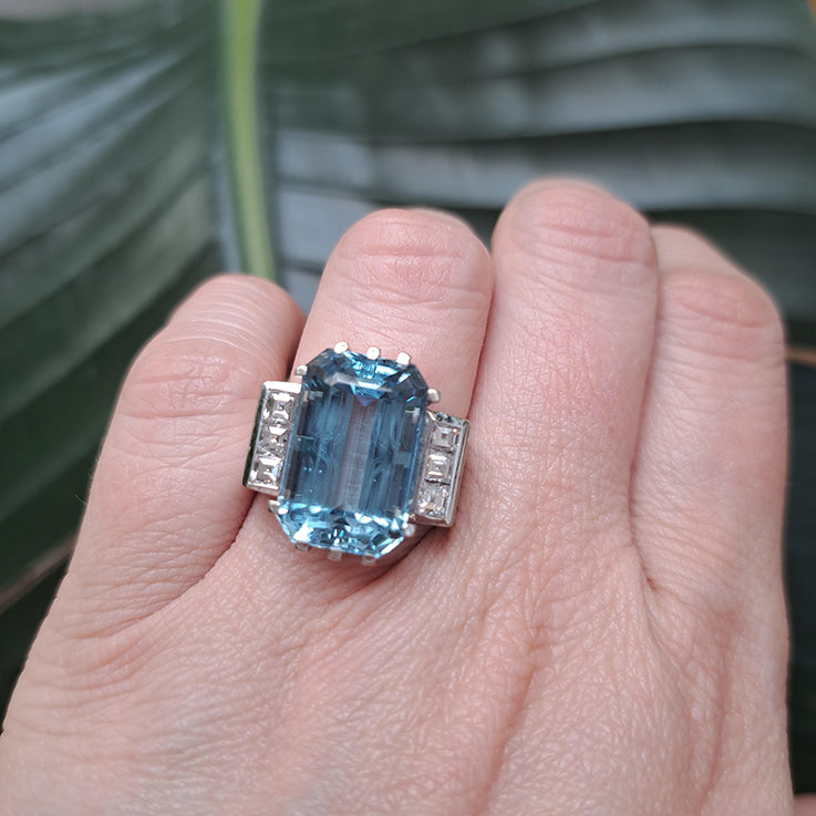 Vintage 1940s Retro 11ct Trap Cut Aquamarine and Princess Cut Diamond Cocktail Ring in 18ct White Gold