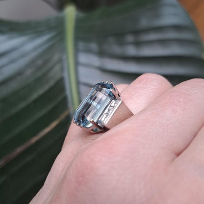 Vintage 1940s Retro 11ct Trap Cut Aquamarine and Princess Cut Diamond Cocktail Ring in 18ct White Gold