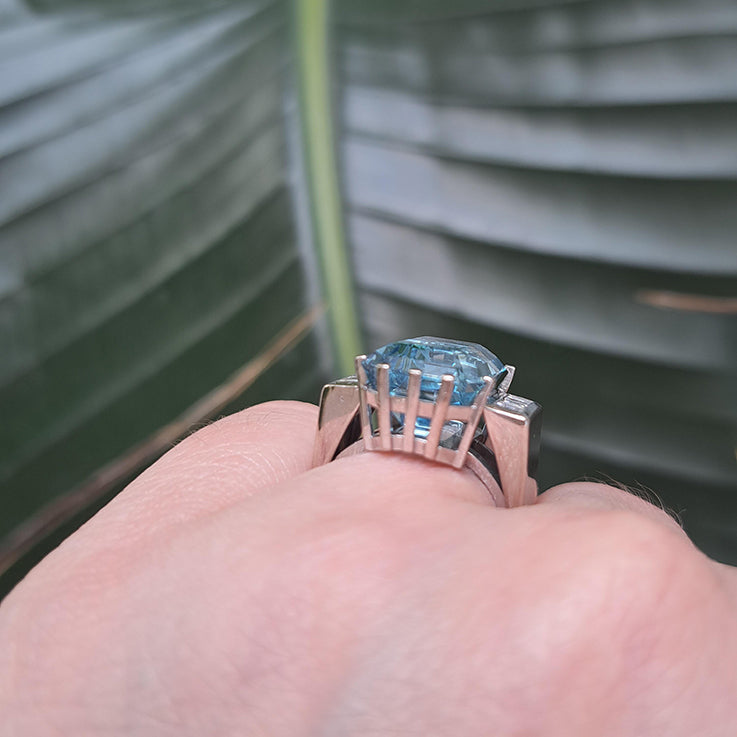Vintage 1940s Retro 11ct Trap Cut Aquamarine and Princess Cut Diamond Cocktail Ring in 18ct White Gold