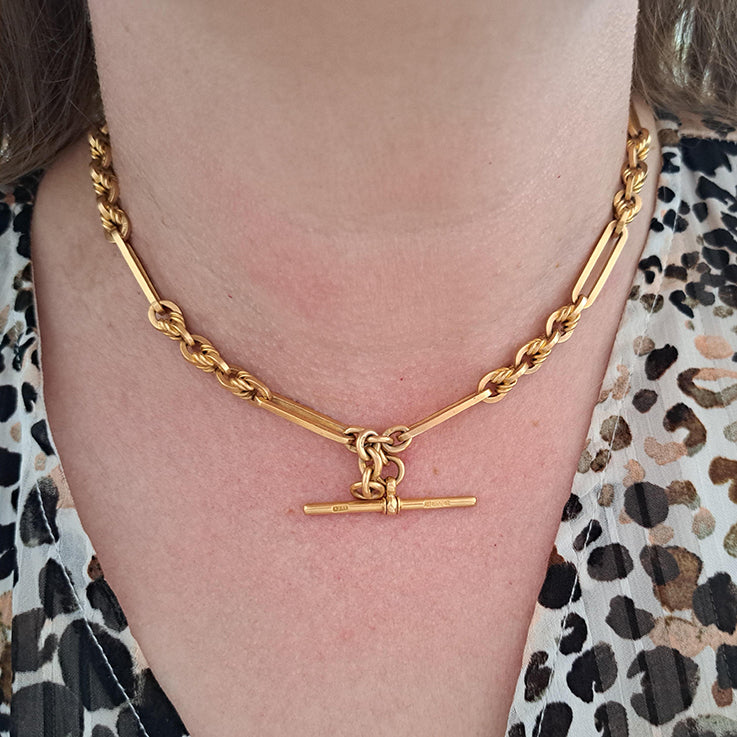 Antique 9ct Yellow Gold Fancy Trombone Link Albert Chain Necklace