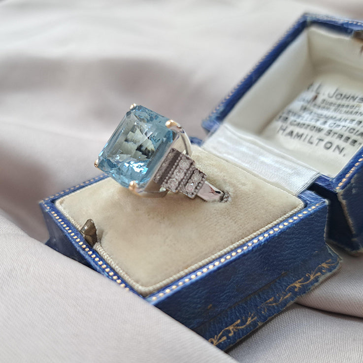 Vintage 8ct Square Octagonal Cut Aquamarine and Diamond Dress Ring in 18ct White Gold
