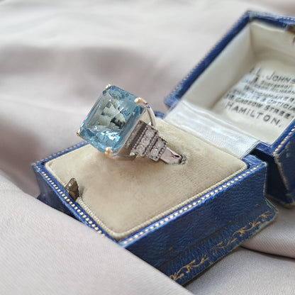 Vintage 8ct Square Octagonal Cut Aquamarine and Diamond Dress Ring in 18ct White Gold
