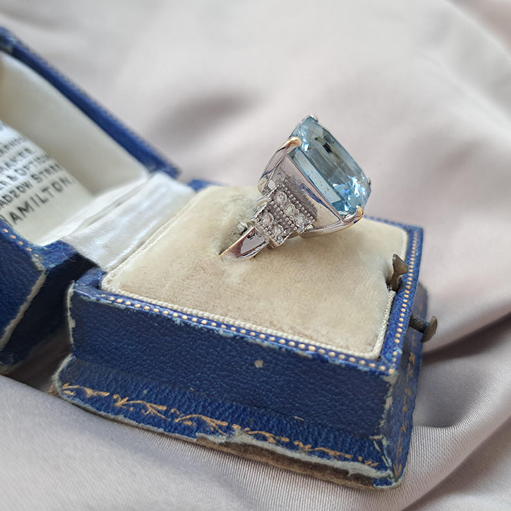 Vintage 8ct Square Octagonal Cut Aquamarine and Diamond Dress Ring in 18ct White Gold