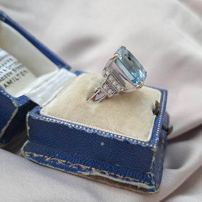 Vintage 8ct Square Octagonal Cut Aquamarine and Diamond Dress Ring in 18ct White Gold