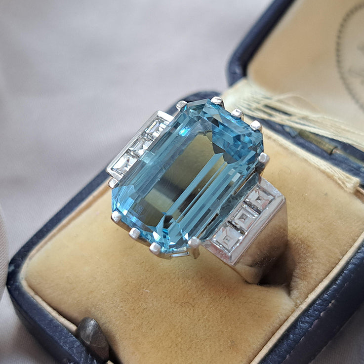 Vintage 1940s Retro 11ct Trap Cut Aquamarine and Princess Cut Diamond Cocktail Ring in 18ct White Gold