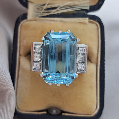 Vintage 1940s Retro 11ct Trap Cut Aquamarine and Princess Cut Diamond Cocktail Ring in 18ct White Gold
