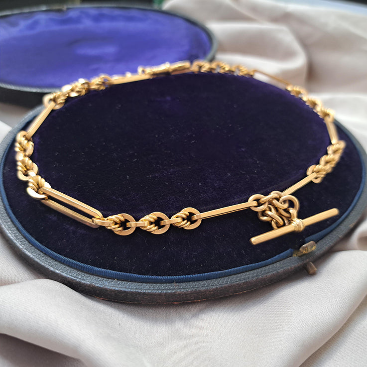 Antique 9ct Yellow Gold Fancy Trombone Link Albert Chain Necklace