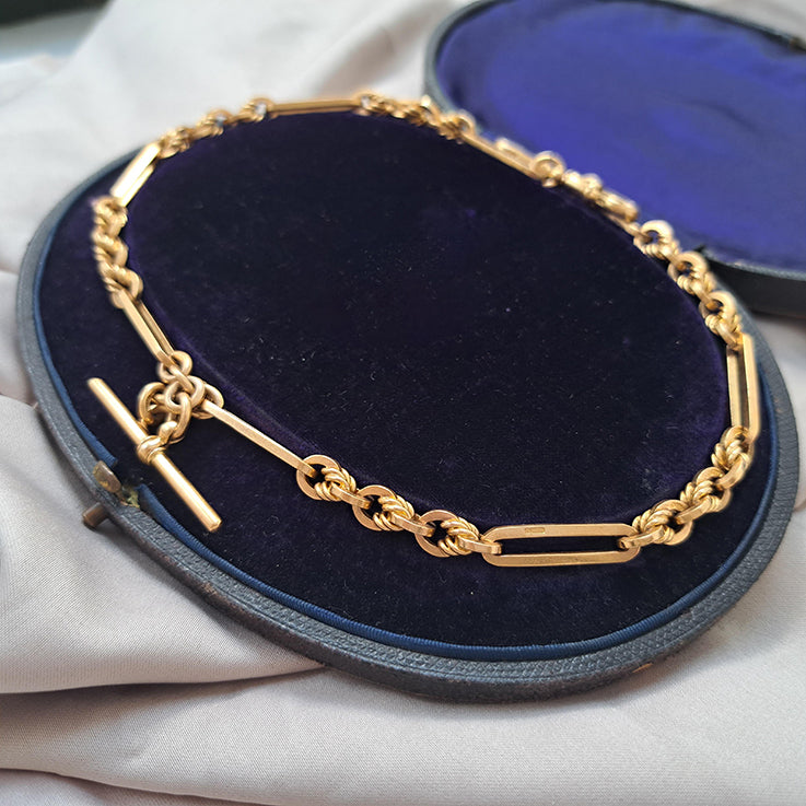 Antique 9ct Yellow Gold Fancy Trombone Link Albert Chain Necklace