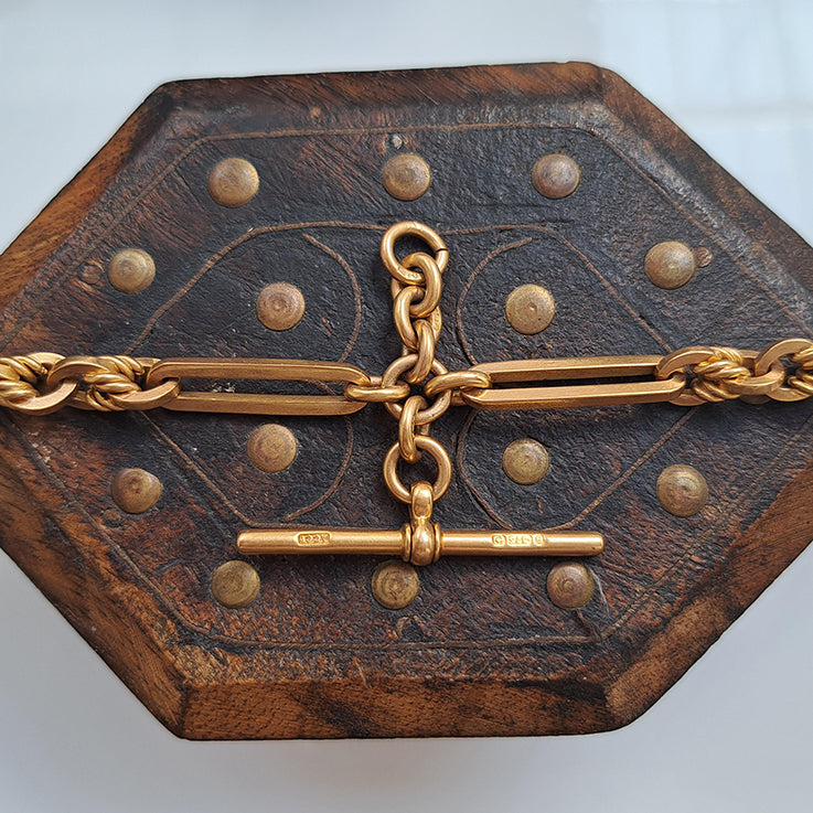 Antique 9ct Yellow Gold Fancy Trombone Link Albert Chain Necklace